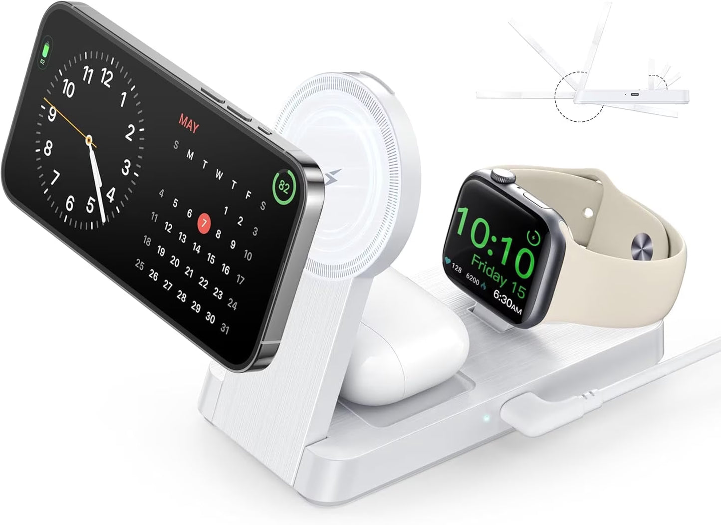 3 in 1 Charging Station - 2026 Foldable Wireless Charger Compatible for Iphone 17/16/15/14/13/12 plus Pro Max, Iwatch & Airpods, White